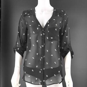 Maurices Black Sheer Bow Print Button Down Roll Tab Sleeve Blouse Small
